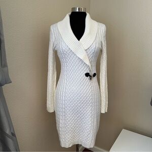 Calvin Klein Off White Cable Knit shawl collar side Gold buckle Sweater Dress